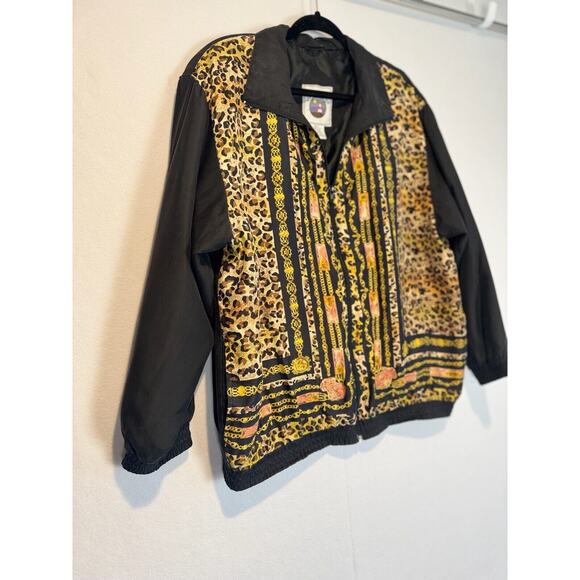 Vtg Womens Sz L Silk Bomber Jacket Black Gold Chains Leopard Full Zip - Picture 3 of 5